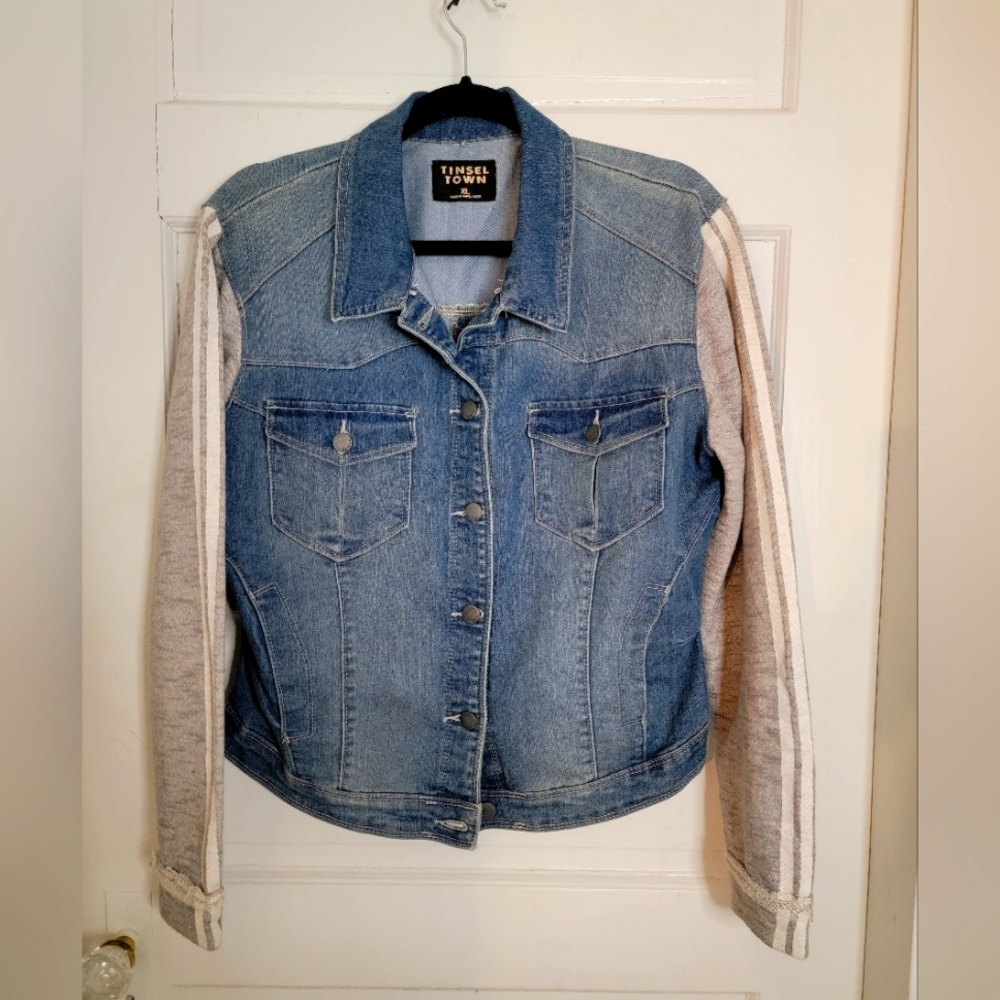 Tinsel Town Jean Jacket Stripe Jersey Sleeves Size XL